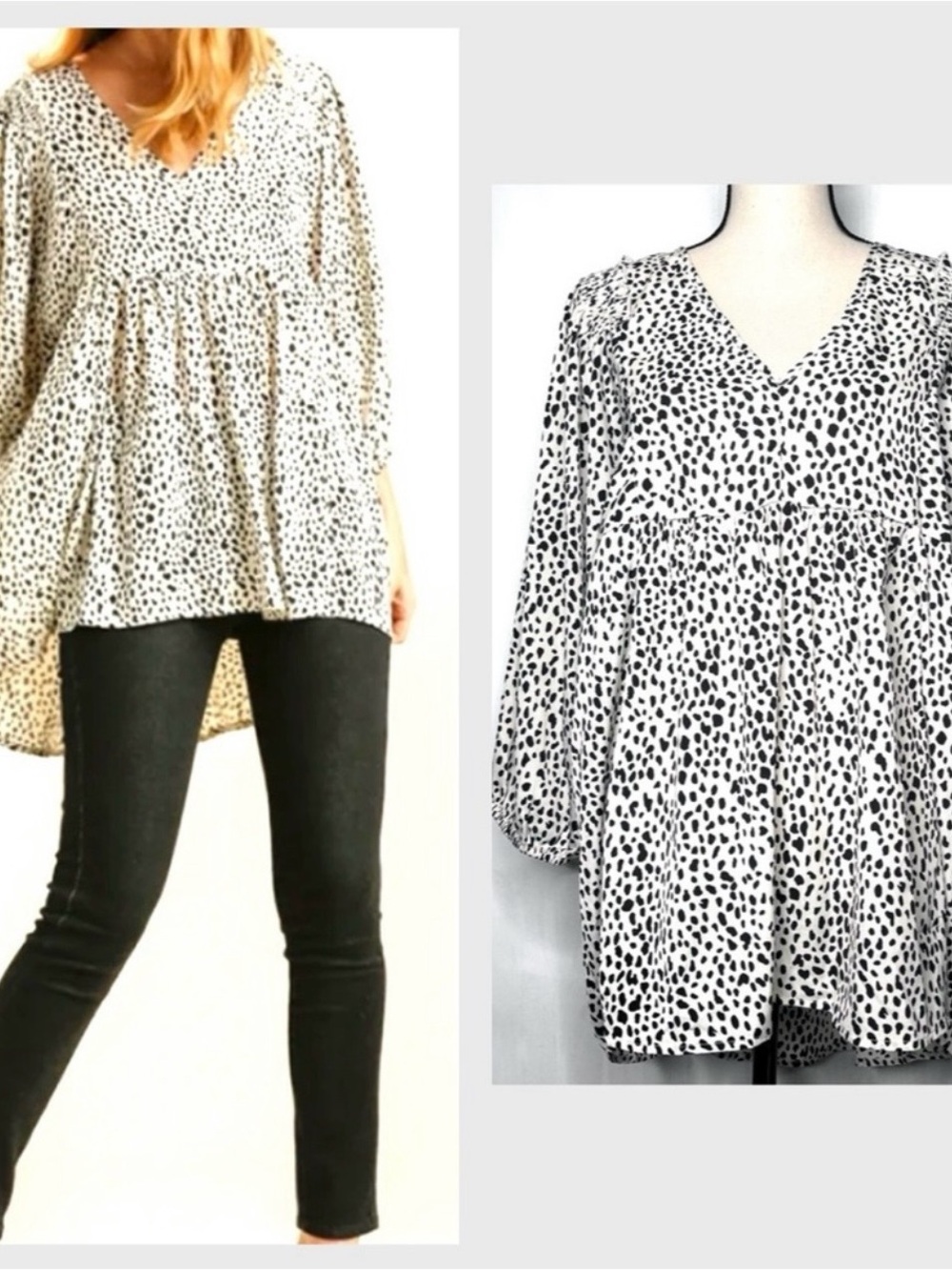 Umgee Black & White Speckled V-Neck Babydoll Tunic